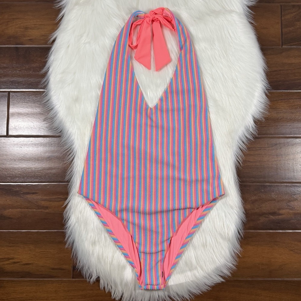 Beach‎ Riot Women's Size Large Striped Frida V Neck One Piece Swim Suit